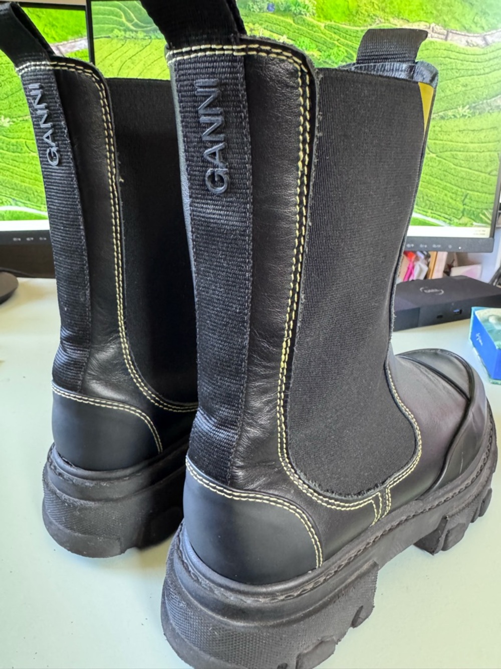 Ganni Black Leather Chelsea Boots with Embossed Insole